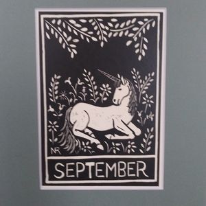 September Unicorn wood block print by Neysa Russo